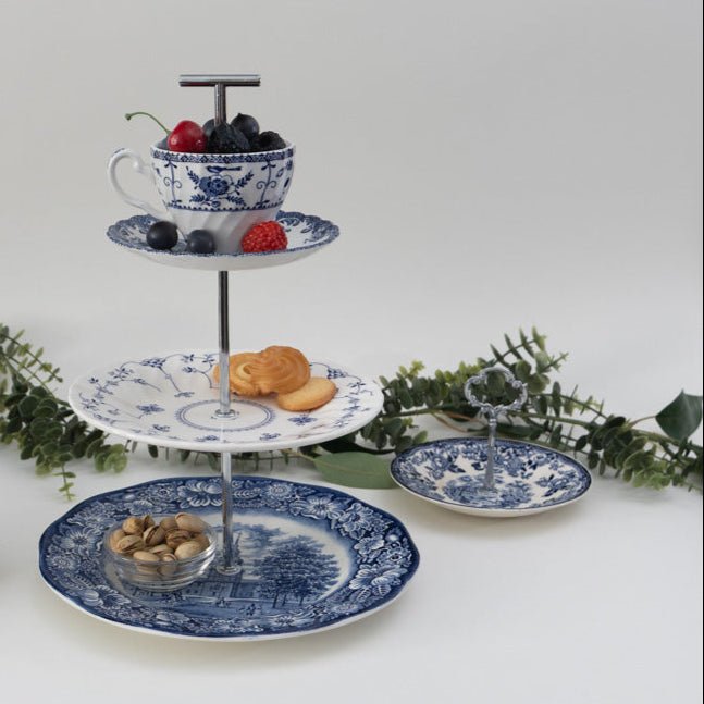 Elegant Blue & White 3-Tier Tea Tray with Teacup Top | Vintage