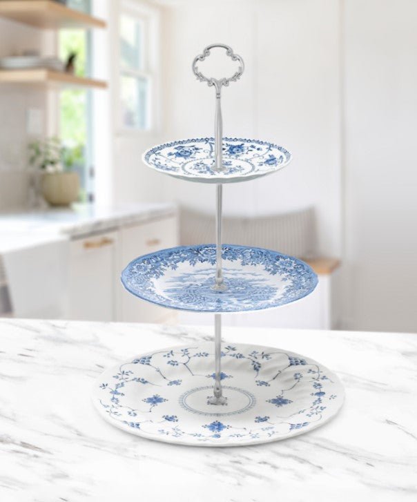 Dreamy 3 Tier Serving Tray Elegant Blue White China Display The Brooklyn Teacup