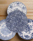 Sample set of 4 vintage dinner plates featuring Blue Calico, asiatic pheasant, English Village and Indies china patterns.