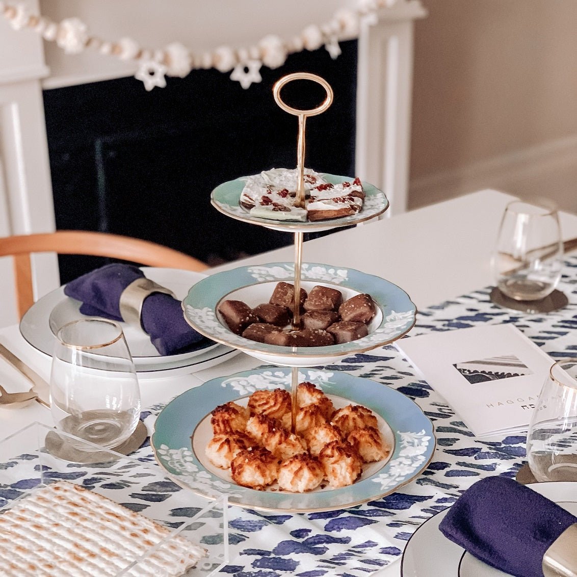 3-Tier Tray made from blue and white vintage Spode china. Used as Jewish holiday table centerpiece to serve desserts