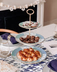 3-Tier Tray made from blue and white vintage Spode china. Used as Jewish holiday table centerpiece to serve desserts