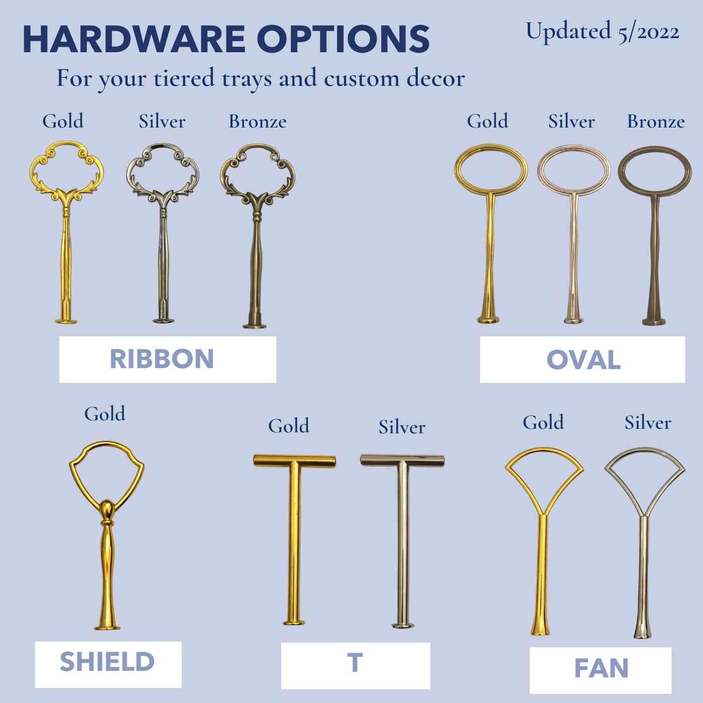 Hardware handle options in different shapes and finishes. Used to pair with vintage family china trays and stands.