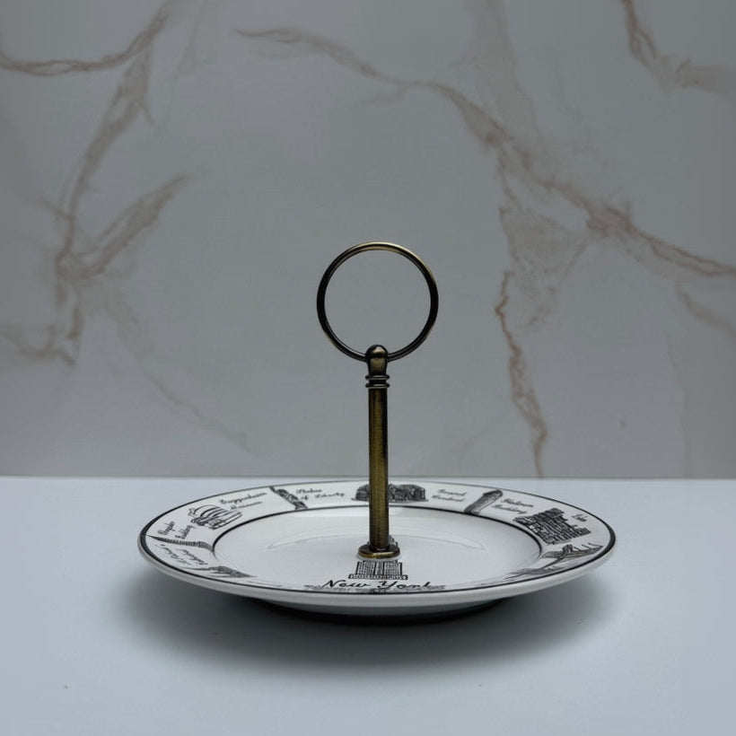 NYC Themed Valet Tray - Handled Dish with Bronze Circle Hardware. Drawing of NYC landmarks around border and Empire State Building in the center.