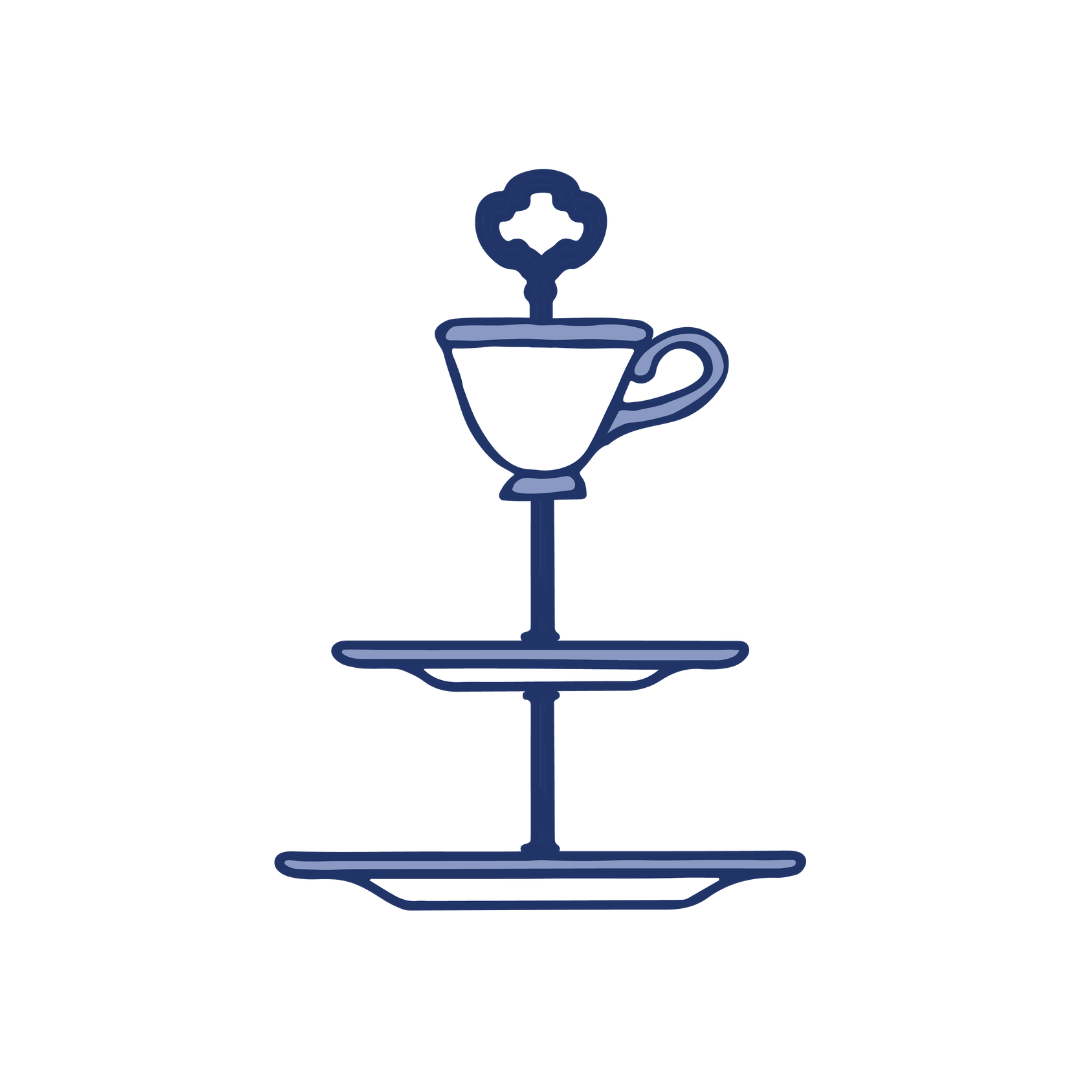 3 Tier Serving Stand Illustration in Blue, White & Purple for Assembly Instructions. 2 plates plus a teacup connected by hardware.