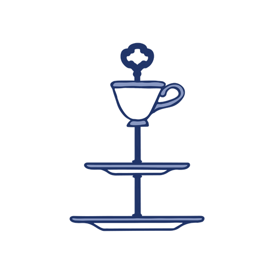 3 Tier Serving Stand Illustration in Blue, White & Purple for Assembly Instructions. 2 plates plus a teacup connected by hardware.