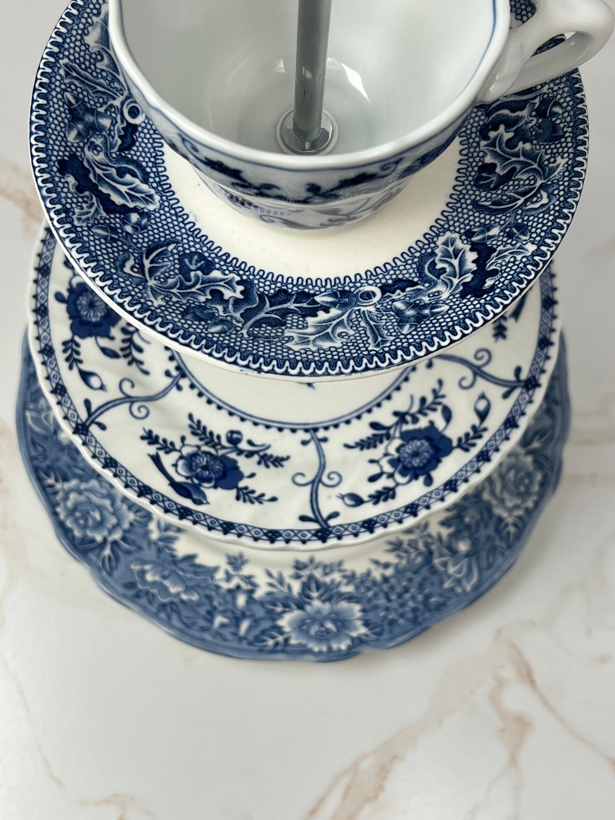Elegant Blue & White 3-Tier Tea Tray with Teacup Top | Vintage Charm ...