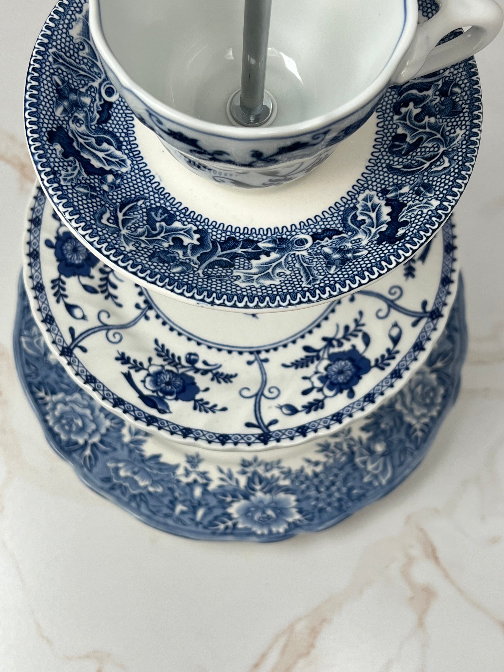 Overhead view of blue white Tea party serving piece