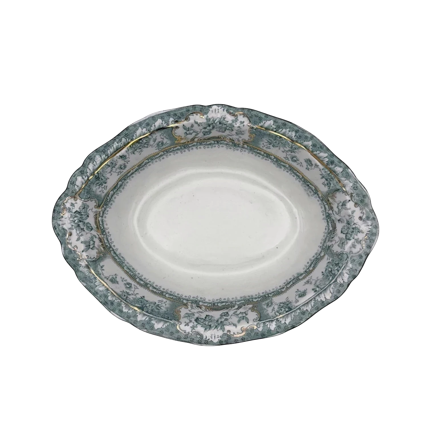A teal colored oval vegetable bowl with a white center and a scalloped rim decorated with thin gold bands.