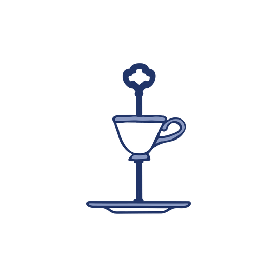 teacup stand illustration in Blue, White & Purple for Assembly Instructions. Teacup and saucer with connecting hardware.
