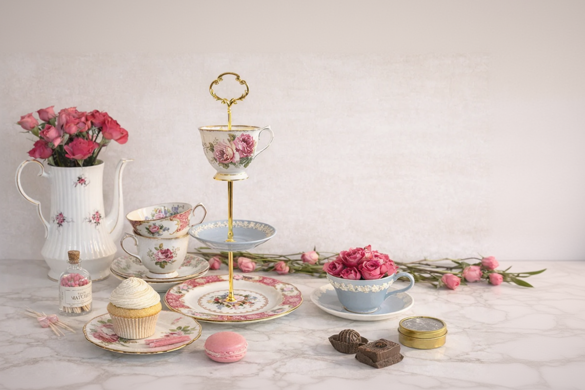 Afternoon tea tray with assorted Royal Albert, Wedgwood Queensware and tea party fine bone vintage china.