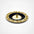 A round decorative demitasse saucer with a gold floral border, a dark navy blue band , and a small gold central spike for stacking rings