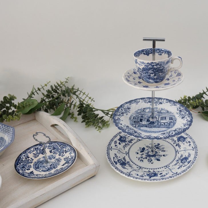 Elegant Blue & White 3-Tier Tea Tray with Teacup Top | Vintage