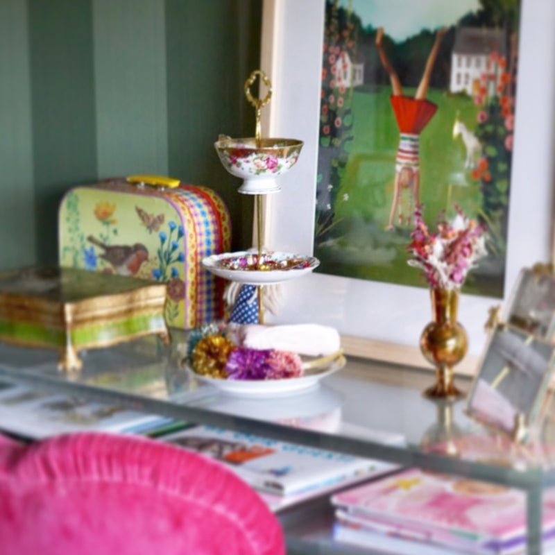 3 tiered accessory tray and jewelry stand made from grandma's fine china for her grandaughter's bedroom. For displaying clips, hair ties, head bands. 3 Tier Madhatter stand with a teacup on top with gold hardware.