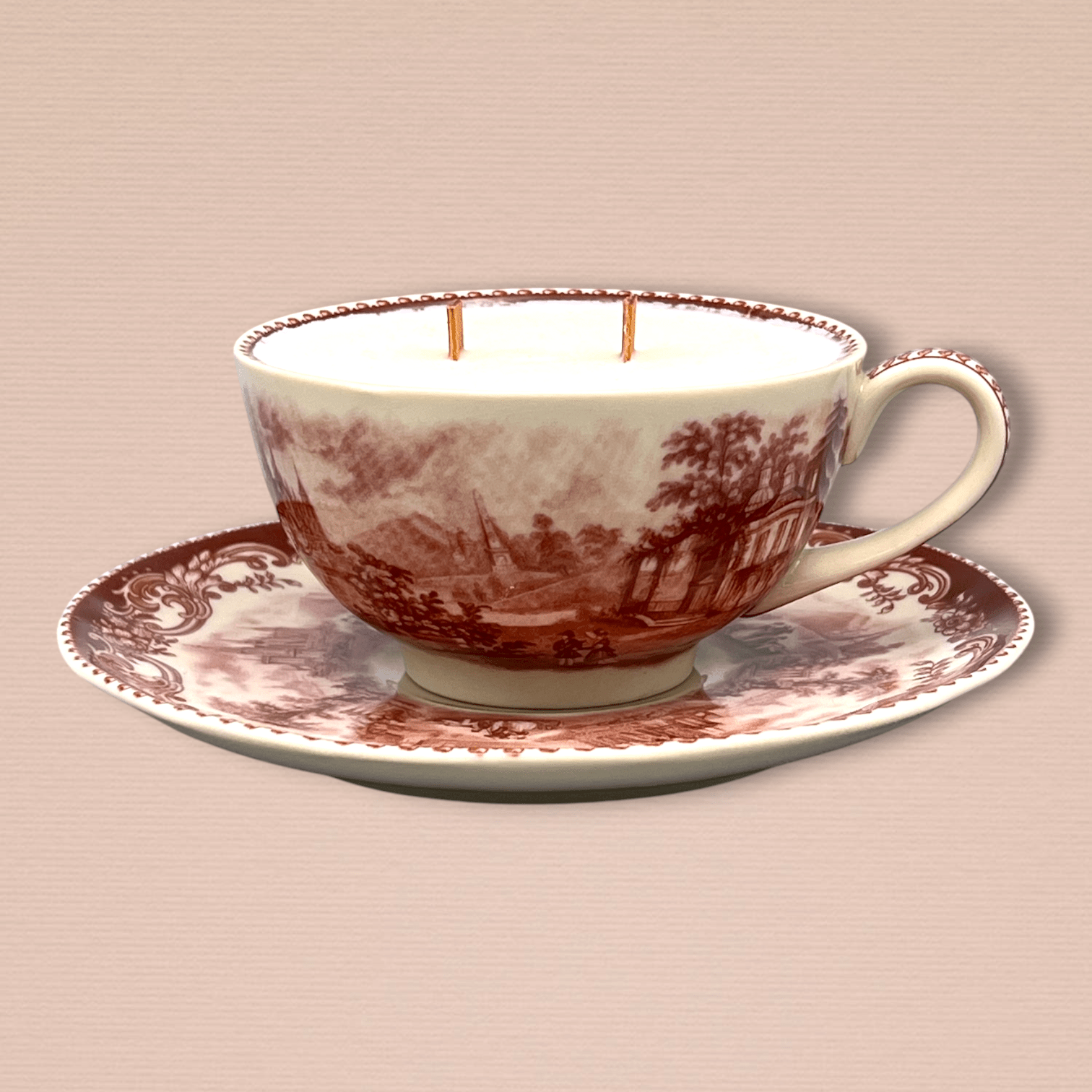 Red Transferware Teacup Candle – Dual Wick Vintage English Ironstone Candle | The Brooklyn Teacup - The Brooklyn Teacup
