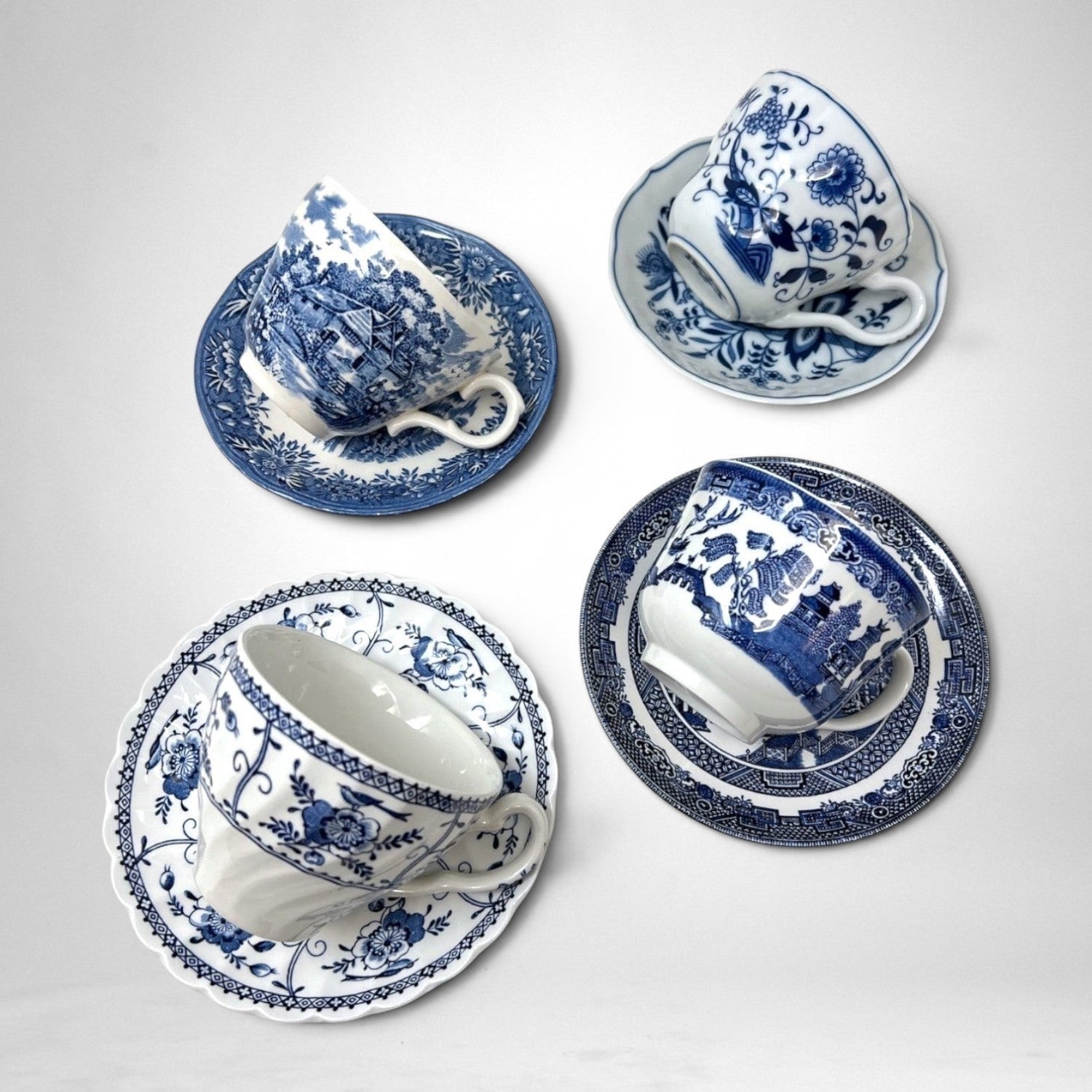 Handpicked blue and white vintage cups and saucers. Selected by The Brooklyn Teacup. Indies, English Village Blue Willow and Blue Danube.