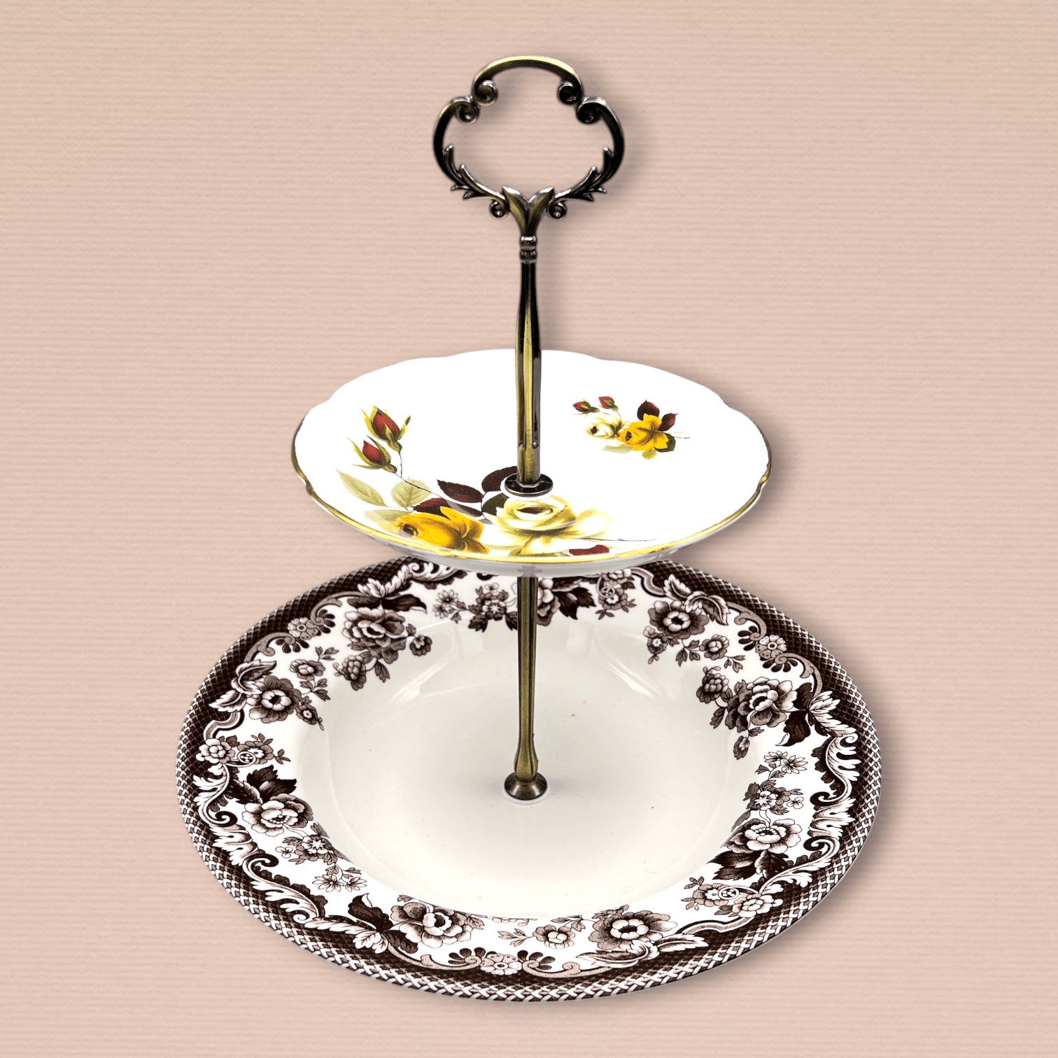 Spode Autumn Roses Two - Tier Tray – Vintage Brown & Yellow Floral Stand | The Brooklyn Teacup - The Brooklyn Teacup