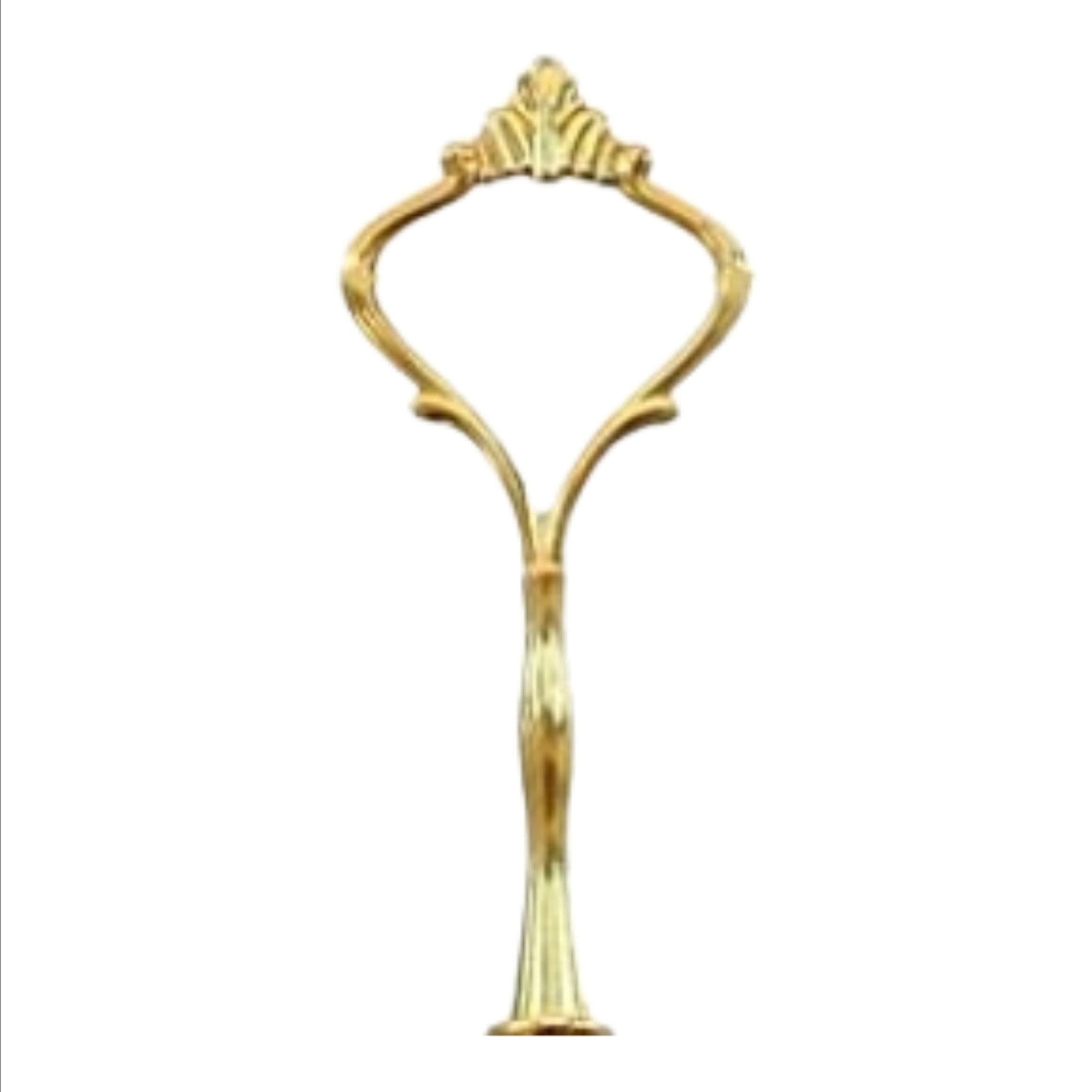 The Brooklyn Teacup gold metal tiered tray handle with ornate scrollwork and decorative stem.