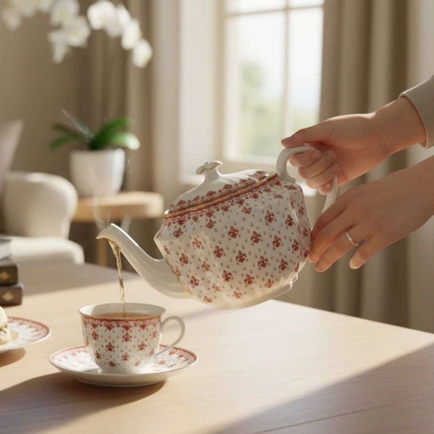 The Brooklyn Teacup vintage Spode Fleur de Lys bone china teapot pouring tea into a matching cup on a wooden table.