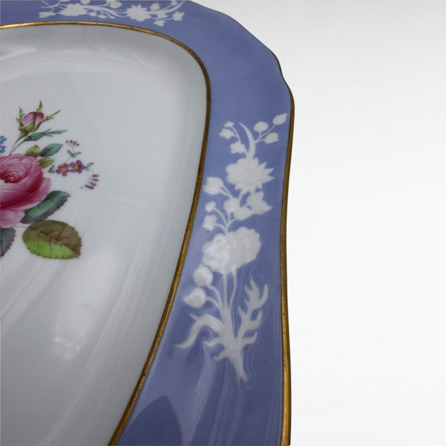 The Brooklyn Teacup Spode Maritime Rose 12-inch porcelain platter featuring a pink rose and periwinkle blue border.