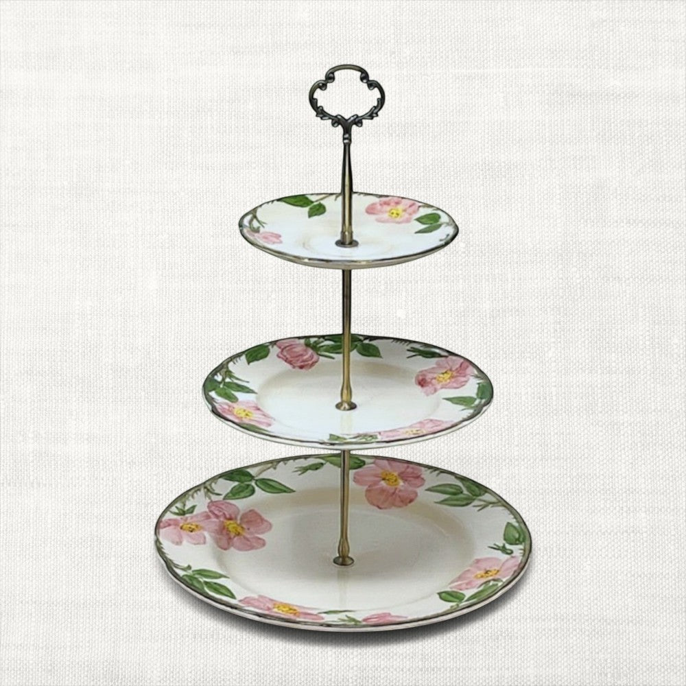 The Brooklyn Teacup Legacy Package featuring a three-tier floral china serving stand with pink rose pattern