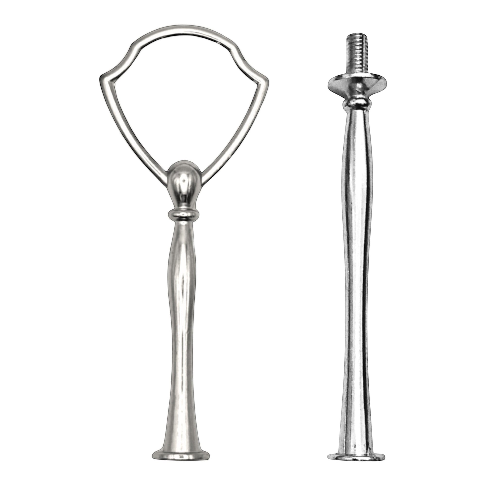 The Brooklyn Teacup silver metal tiered tray hardware with decorative handle and rods.