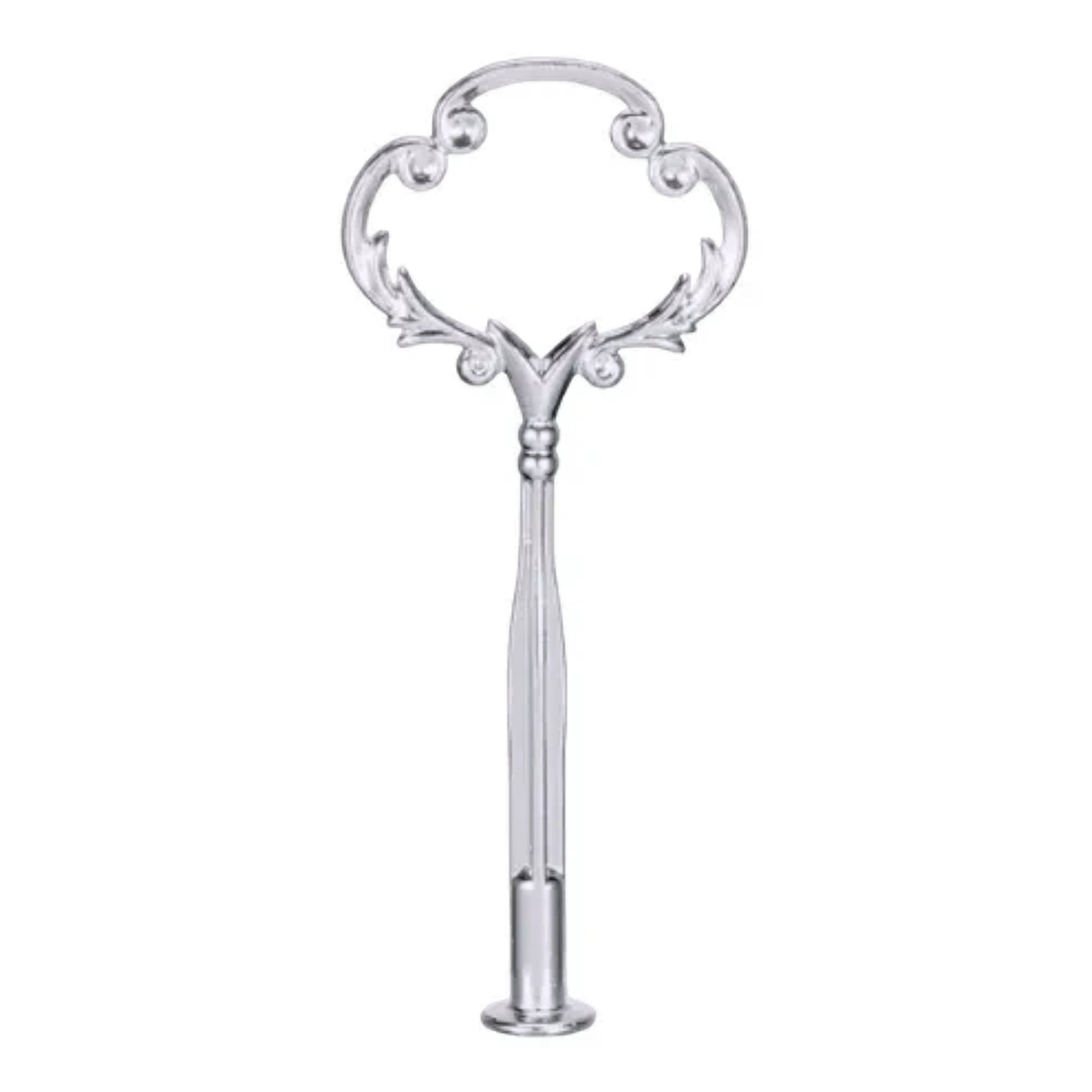 The Brooklyn Teacup ornate silver metal tiered tray hardware with decorative handle and rods.