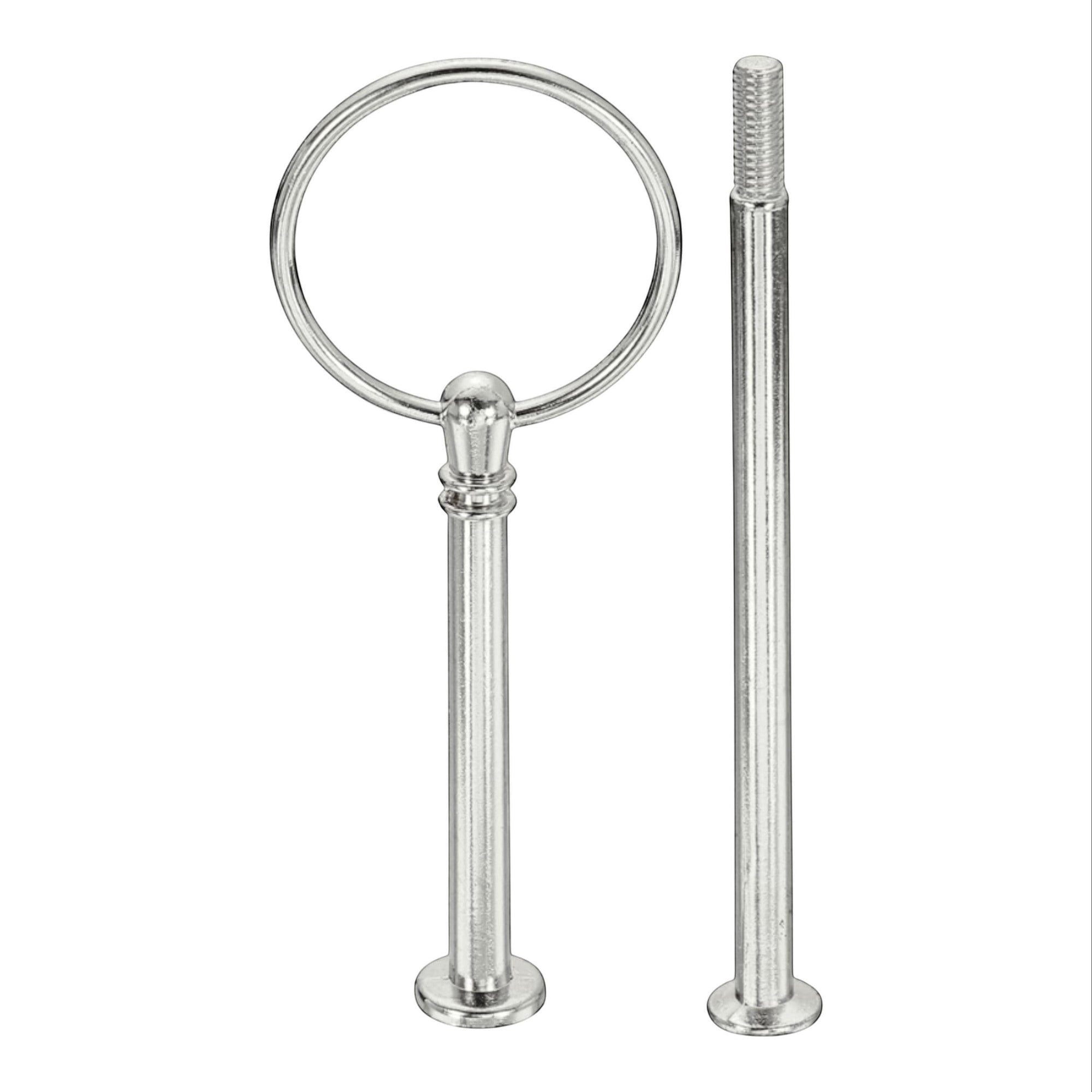 The Brooklyn Teacup silver metal tiered tray hardware with ring handle and screw rod.