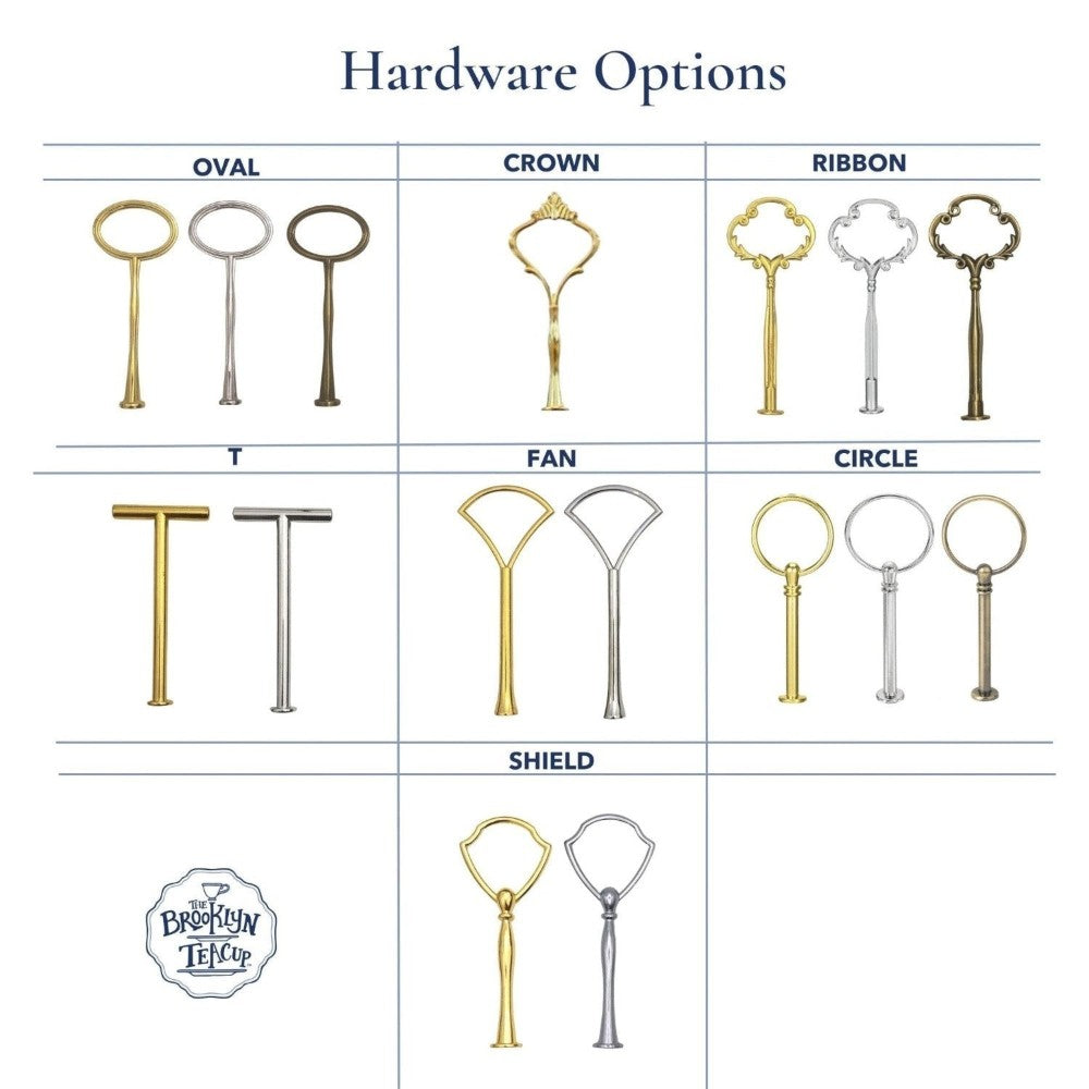 The Brooklyn Teacup hardware options for 3-tier trays including oval, crown, ribbon, T, fan, circle, and shield styles.