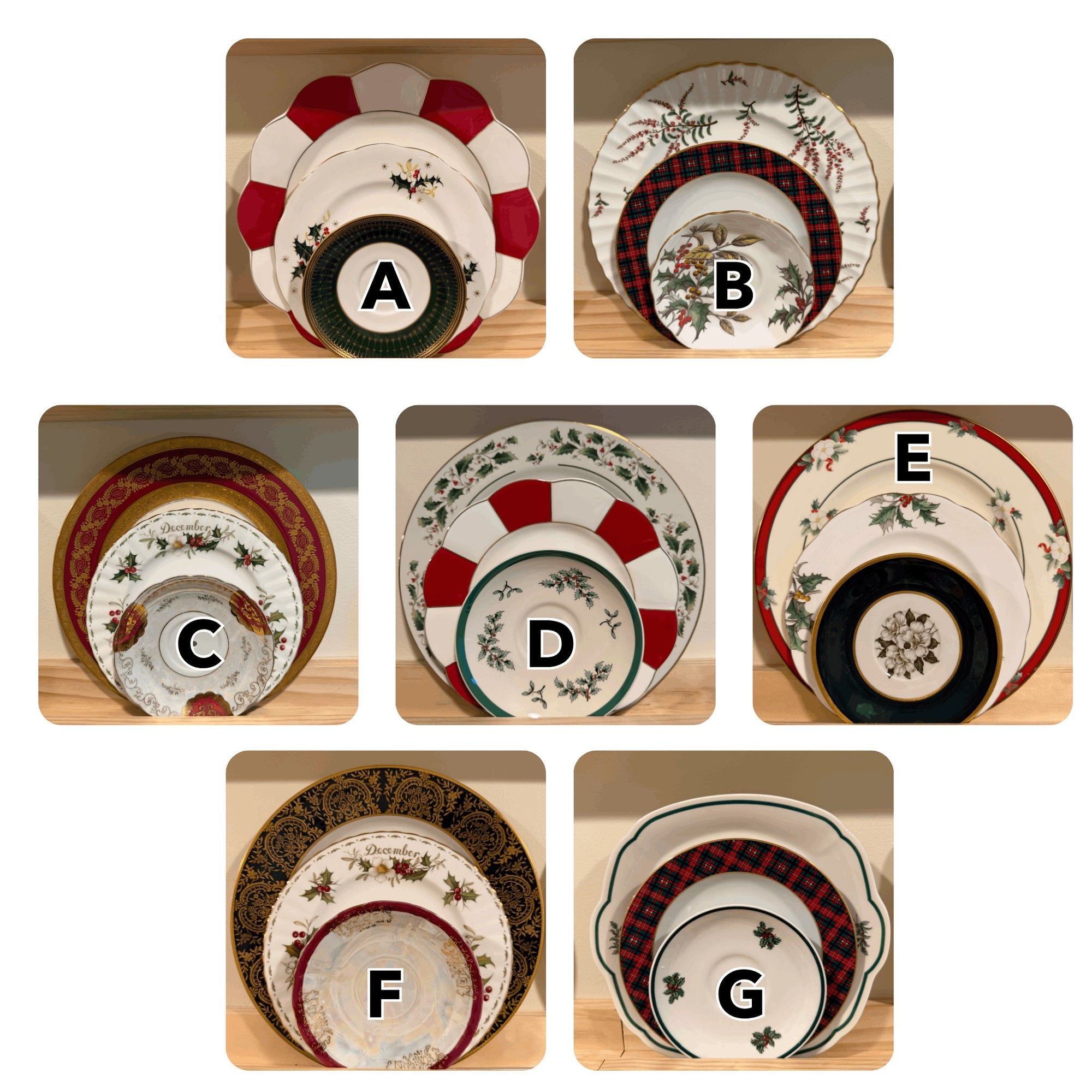 The Brooklyn Teacup vintage Christmas 3-tier tray sets featuring festive holiday patterns and decorative plates.