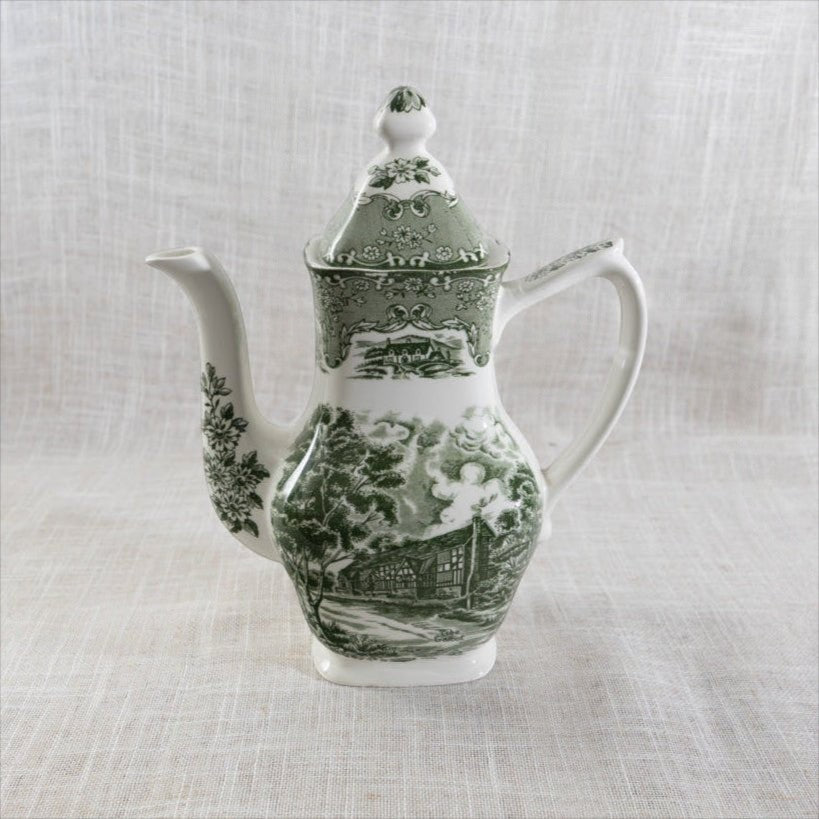 Vntage Grindley earthenware coffee pot with green Tudor cottage transferware pattern