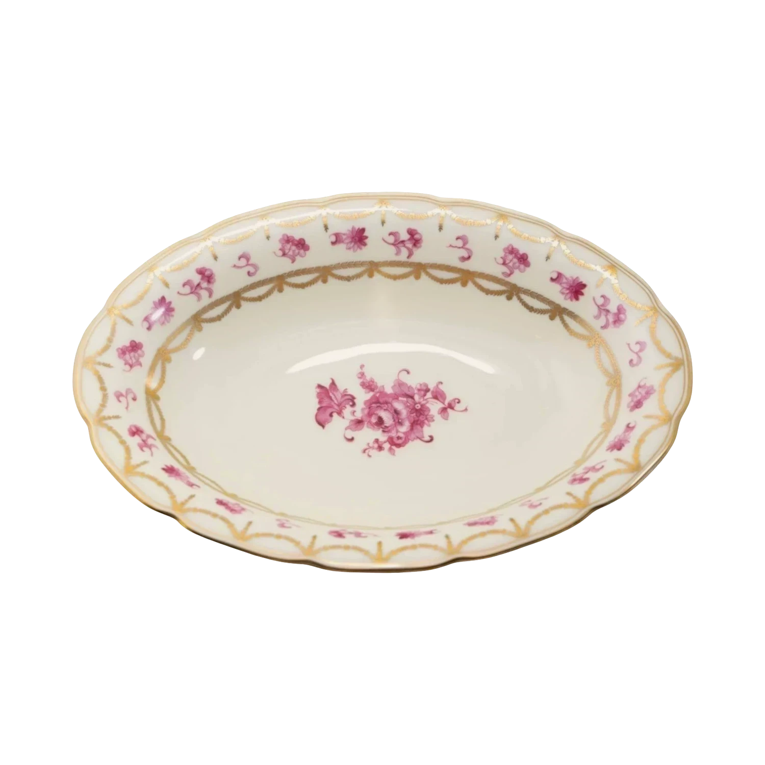 The Brooklyn Teacup vintage oval serving bowl with pink floral pattern and gold trim on white porcelain.