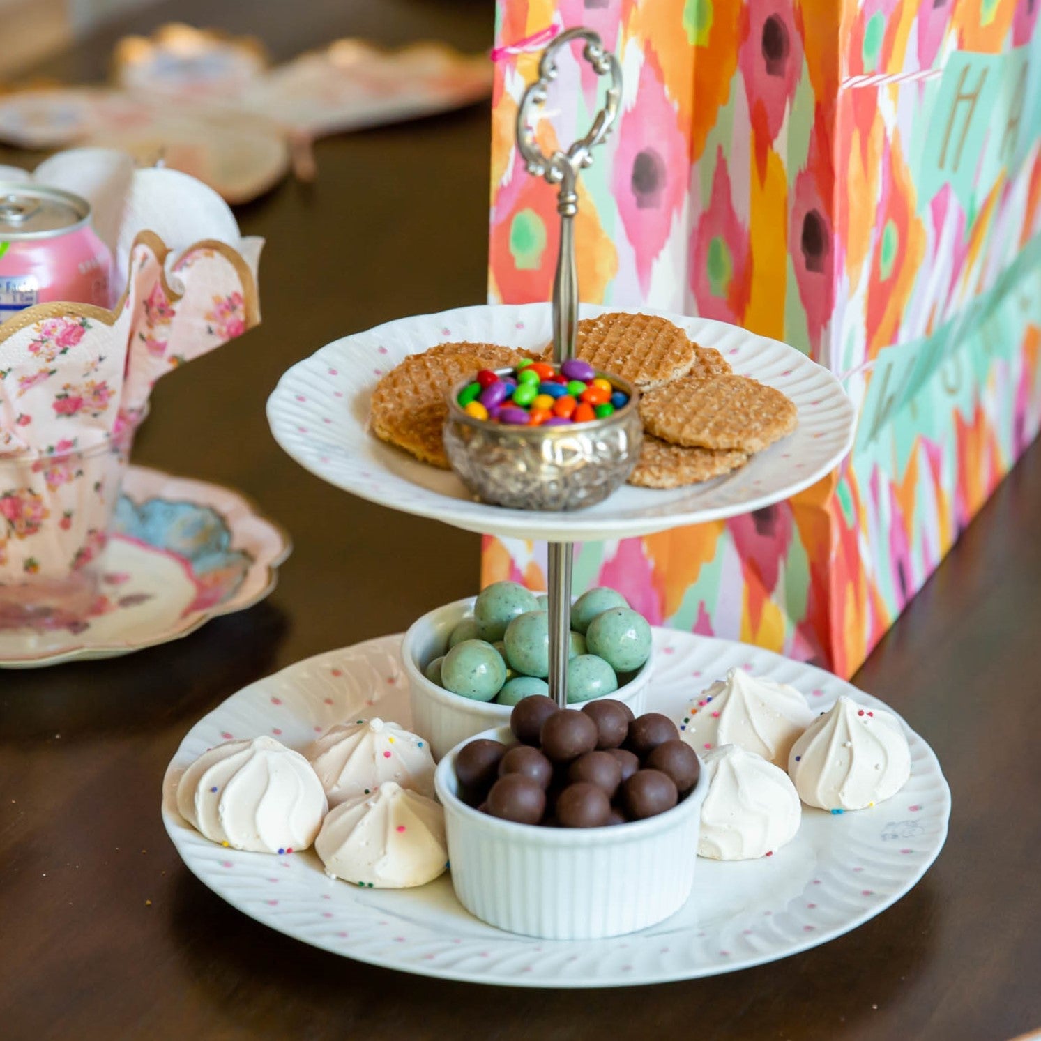 Upcycled serving tray made from old china plates - 2 Tier Tray used to deserve desserts at a birthday party