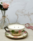 Desert Rose Teacup & Saucer upcycled into a rose scented teacup candle with matching saucer.