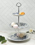 3 Tier Serving Tray with blue and white transferware plates and silver hardware. Displaying macarons and cookies. 