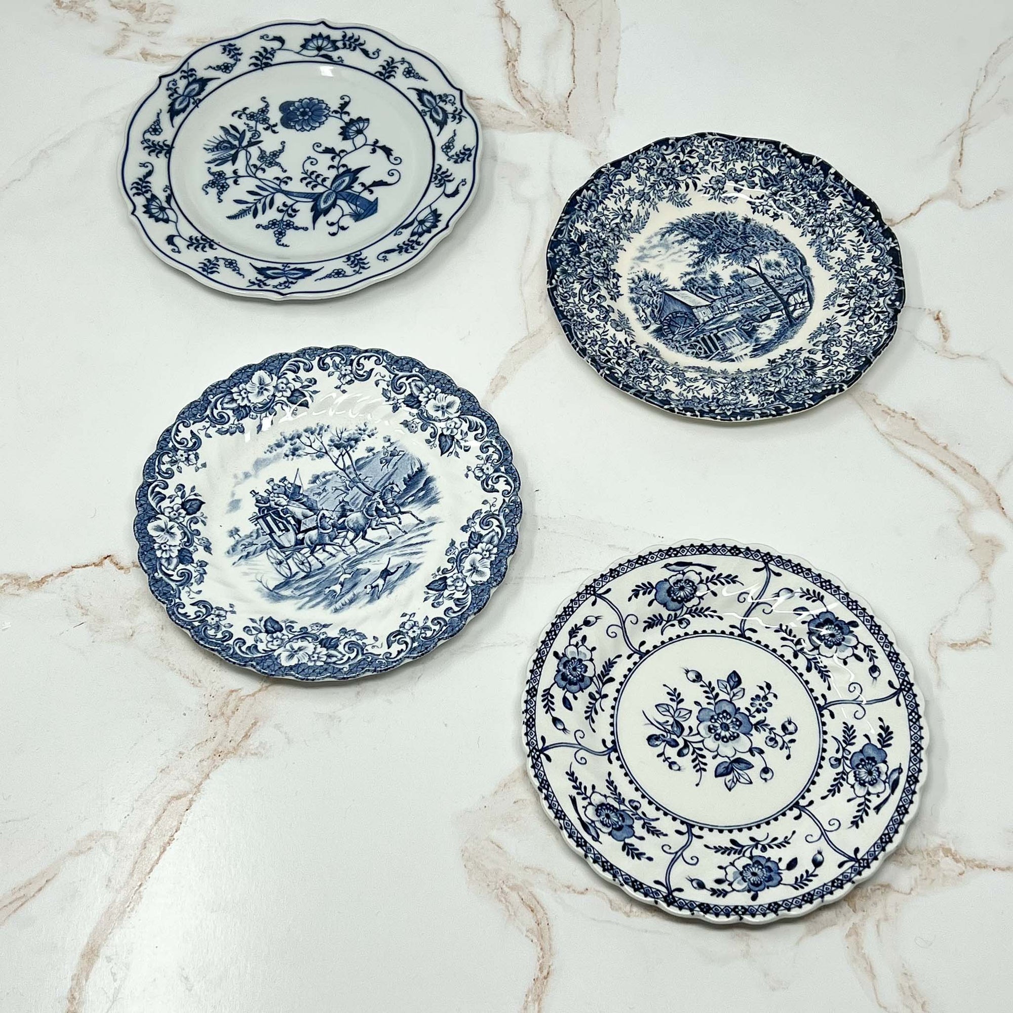 Gracious Bread &amp; Butter Plate Set | 1 Indies, 1 Coaching Scenes,  1 Mill Stream, and 1 Blue Danube  pattern - 4 blue and white bread &amp; butter plates in set