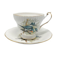 Teacup for bird lovers! This off white creamy colored set features a darling pair of blue jays perched on a branch surrounded by leaves. Gold accents around the handle and rim.