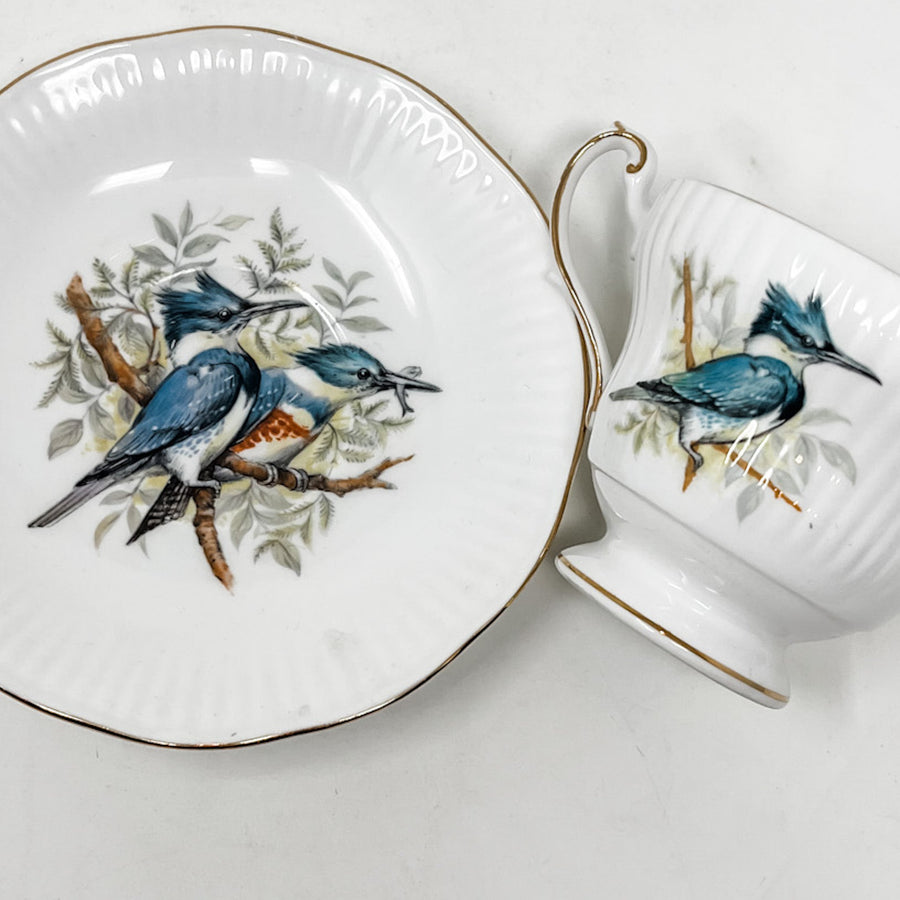bird lover teacup! Matching vintage teacup and saucer - vintage rosina china featuring a pair of blue jays, one of of which has caught a fish in its beak.