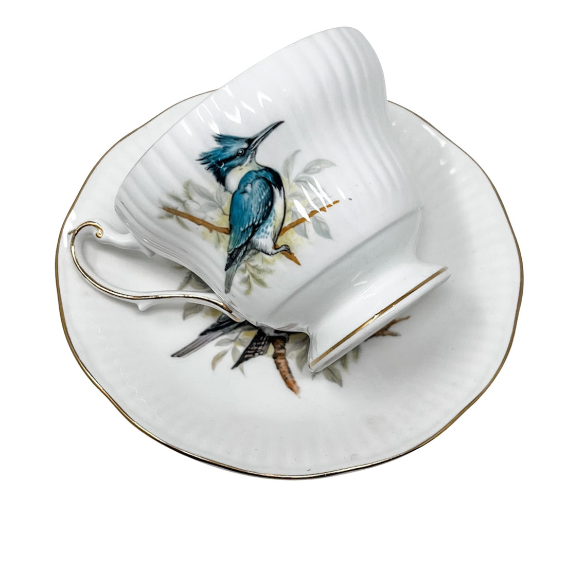 flat image of rosina vintage teacup featuring a single blue jay perched on a tree. 